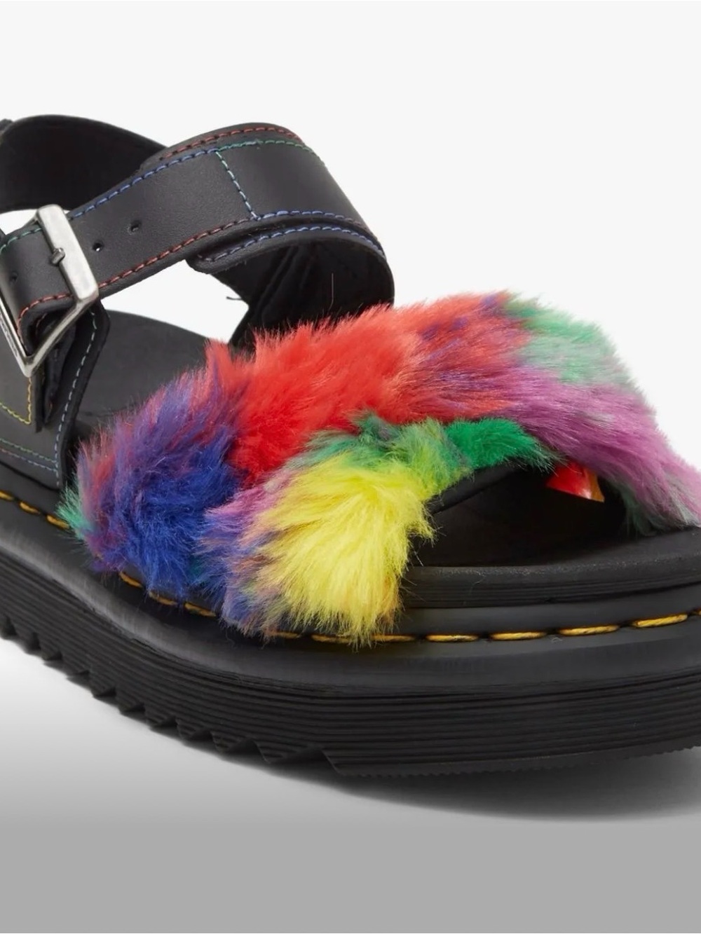 NIB Doc Martens w Voss II FLUFFY Faux Fur Leather Sandals Rainbow 8 Pride